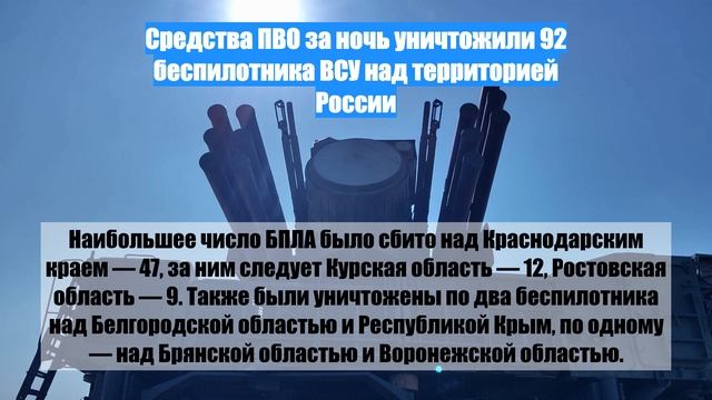 Средства ПВО за ночь уничтожили 92 беспилотника ВСУ над территорией России