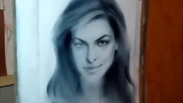 Speed drawing portrait Eva Mendes in technique dry brush. Portrait painting by Yakov Dedyk