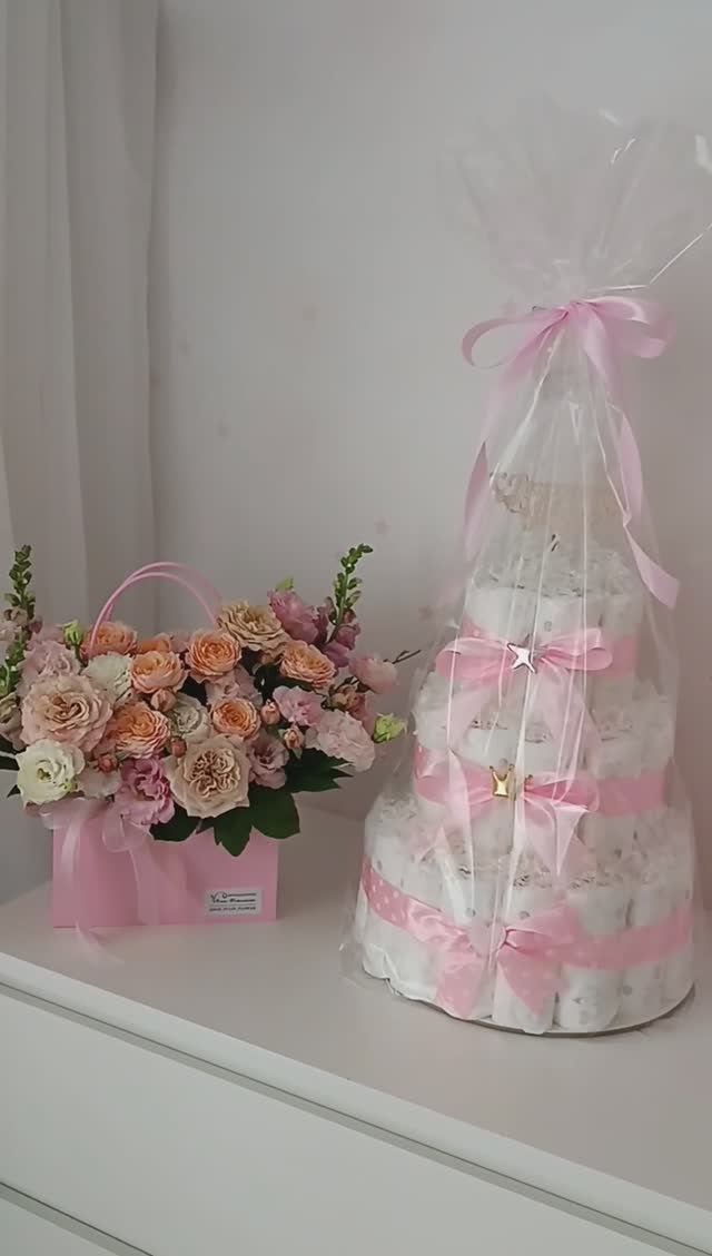 Торт из памперсов новорожденной девочке🌸🎀🦩💕🌷