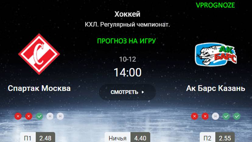 Спартак Москва - Ак Барс Казань прогноз на матч КХЛ. 12 октября 2024