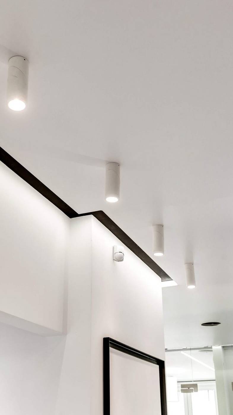 Натяжной потолок MSD EVOLUTION с контурным профилем, световыми линиями совместно с теневым профилем