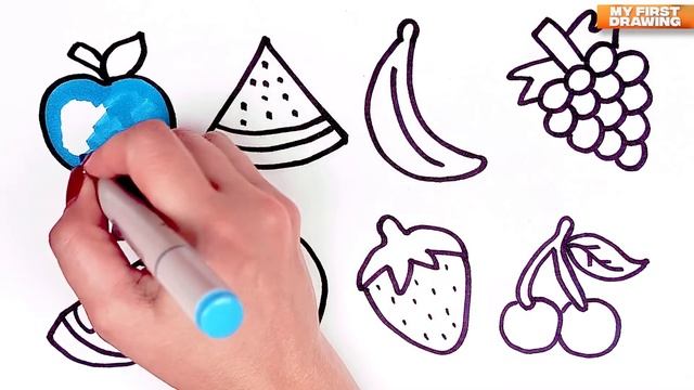 Learn FRUITS names, Painting Colouring for Kids & Toddlers #apple #banana #strawberry #grape #orang