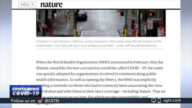 British journal 'Nature' apologizes for associating virus with Wuhan and China