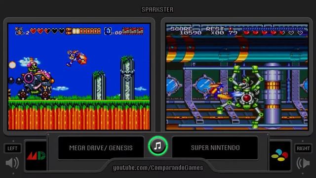 Sparkster (Sega Genesis vs Snes) Side by Side Comparison