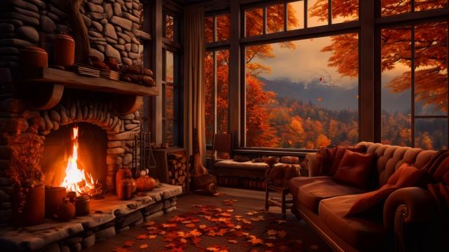 4K Autumn Retreat 🍂  Cozy Cabin Escape with Warm Fireplace 🔥 & Soothing Piano