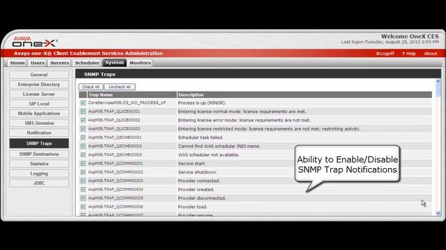 How to Enable/Disable SNMP Trap Notifications on Avaya One-X Client Enablement Services