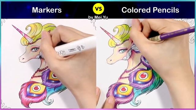 Markers vs Colored Pencils Coloring | Color My Unicorn Utopia Coloring Book | Mei Yu New Marker Art