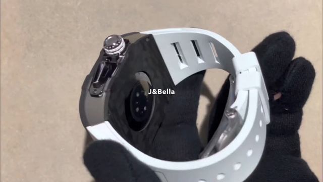 Apple Watch RSC-Carbon黑色碳纖維銀框手錶殼（白色錶冠雙環+白色橡膠錶帶）