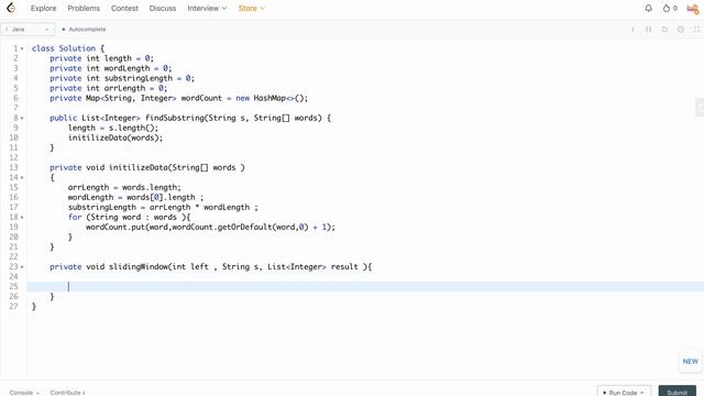 30. Substring with Concatenation of All Words using Sliding window - Java Solution