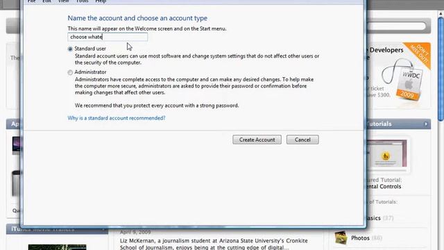 How to add a new account on windows vista