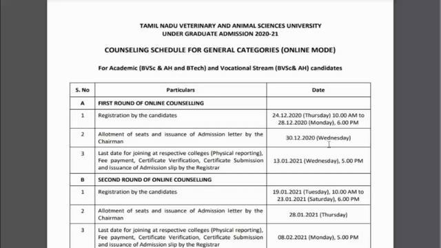 TANUVAS General Category Seat allotment Publish Today/SD academy