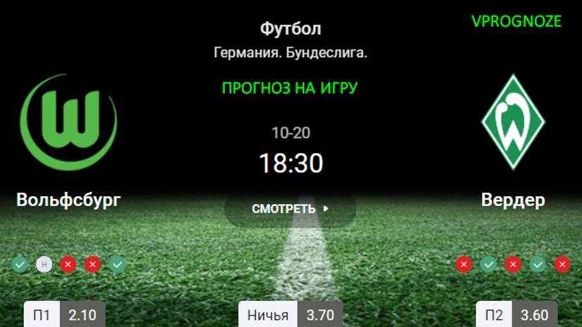 ✅✅✅Встреча соседей. Вольфсбург - Вердер прогноз на матч Германия. Бундеслига. 20 октября 2024