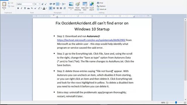 Fix OccidentAcrident.dll can't find error on Windows 10 Startup