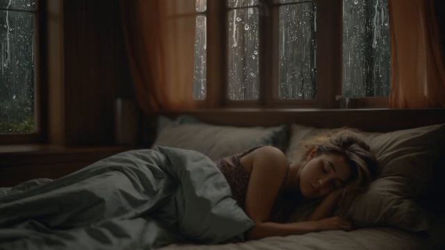 sleeping on bed near windows with raining sound from outside