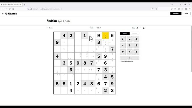 The New York Times Hard Classic Sudoku - Apr 1, 2024 Solution