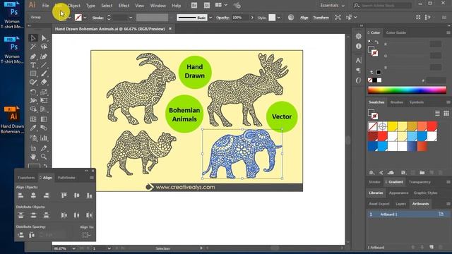 Put Hand Drawn Bohemian Animals Art On Women Tshirt Using PSD Mockup