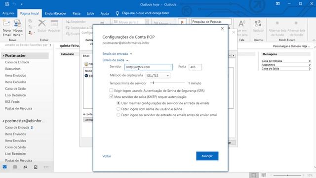Outlook cadastrando conta com servidor Yandex