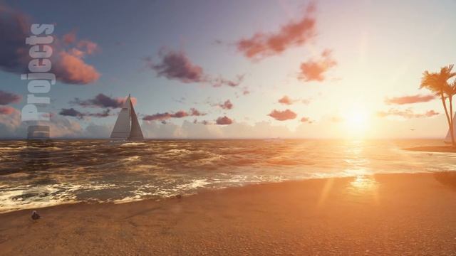 Beautiful ocean beach at sunset with yacht and seagulls