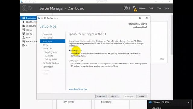 Installing Enterprise Root Certificate Authority Windows Server 2019