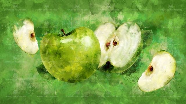 The appearance of the green apple on a watercolor background.