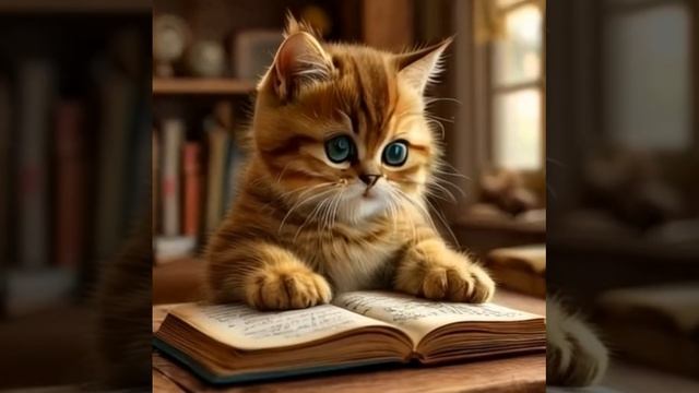 Пушистый котенок читает книжку