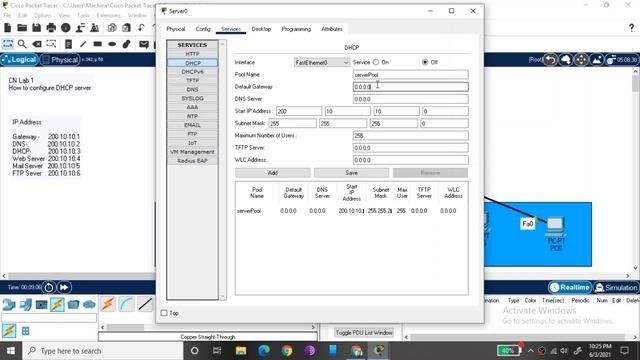 Configuration of DHCP Server in packet tracer||CN Lab||Computer Network Lab
