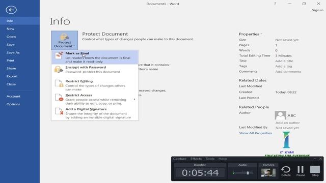 MS WORD 2016 TUTORIAL SERIES | FILE INFO CONVERT, PROTECT DOCUMENT