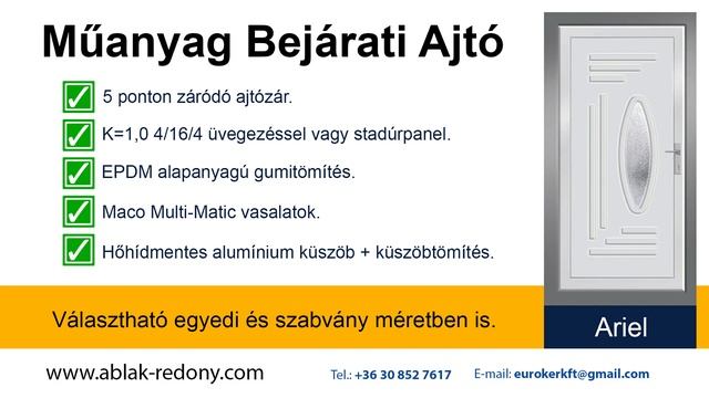 Műanyag Bejárati Ajtó, Díszpaneles, Ariel /Tele üveges/ Műanyag bejárati ajtó 5 pontos zárral