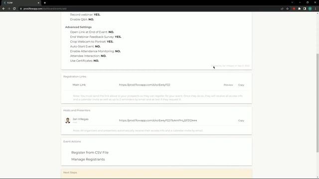 Exit Landing Page (Open a Link/Survey at the End of the Event) - For Admin and Host