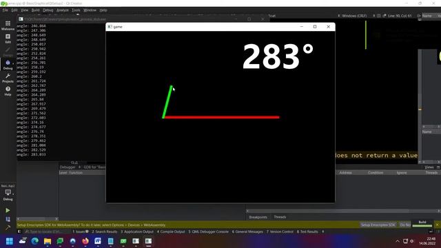 Calculating angle between two lines (without dot product) | C++ and Qt