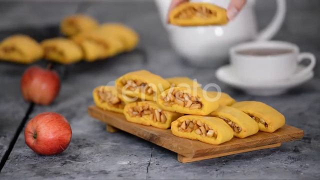 Fresh Homemade Delicious Apple Cookies and Cup of Hot Tea. | Stock Footage - Envato elements