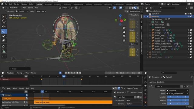 74. Creating the Crouch turn left 90 animation