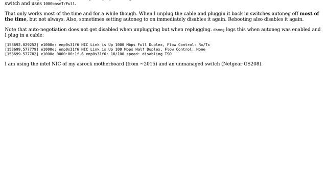 Unix & Linux: Linux disables ethernet auto-negotiation on plugging-in the cable?