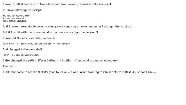 Apple: How to change the `sh` command to run scripts in bash 4?