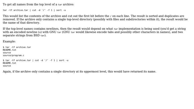Unix & Linux: Non recursive tar listing (2 Solutions!!)