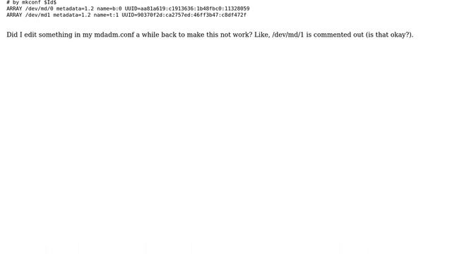 Unable to re-assemble RAID1 using mdadm -- failed to run array, invalid argument