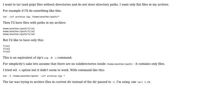 Make tar archive only files without directories (equivalent of zip -D -j)
