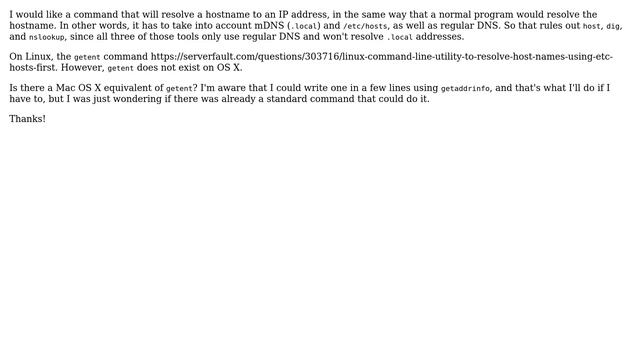 Mac OS command to resolve hostnames like "getent" on Linux