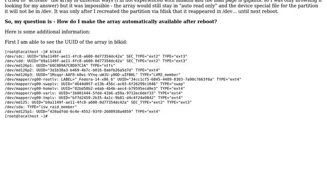 Unable to access intel fake RAID 1 array in Fedora 14 after reboot