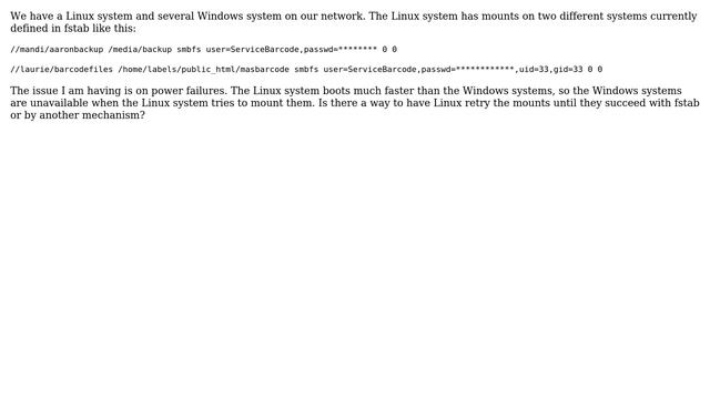 DevOps & SysAdmins: Linux/windows mount on boot issue