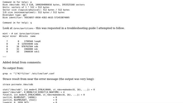 LVM error Device not found (or ignored by filtering) but no partitions exist on device