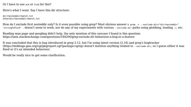 Is there is a way to exclude nested subdirectory specified by a path to that dir from grep...