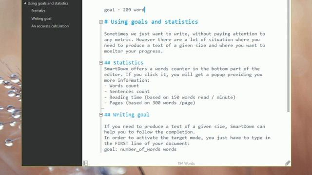 Markdown writing goal and statistics