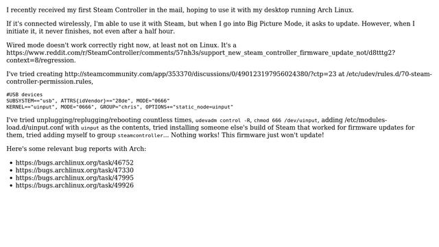 New Steam Controller firmware will not update on my Arch Linux install