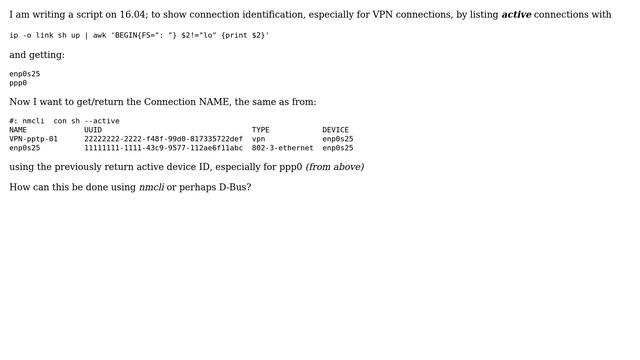 Ubuntu: nmcli, how to get "connection.id" or "general.name" of device