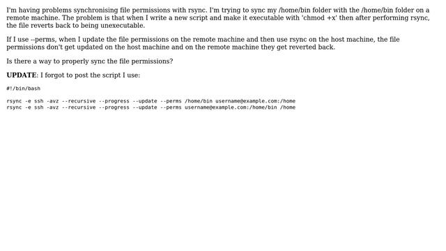How do I sync file permissions (chmod +x) with rsync?