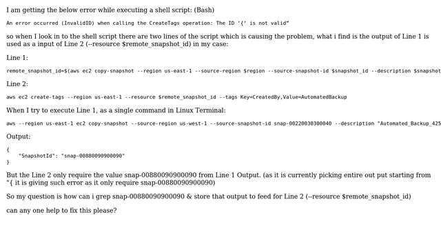 Unix & Linux: Shell Script Error - Unable to feed output from one variable to another variable