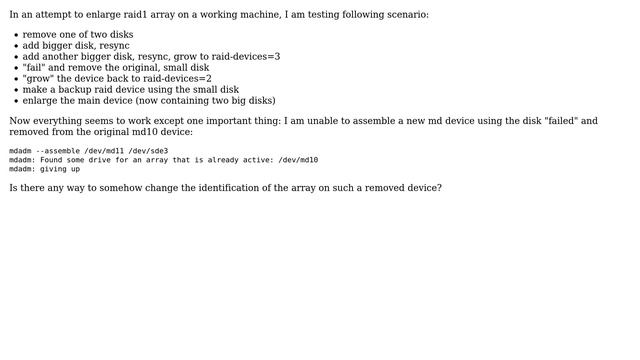 Unix & Linux: mdadm: assembling another array using device removed from active one