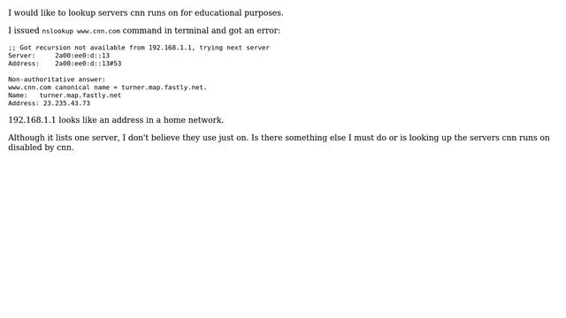 loookup server IPs the website runs on with nslookup error - Got recursion not available from...