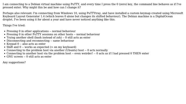 DevOps & SysAdmins: Why is a Linux host interpretting the zero key as enter?